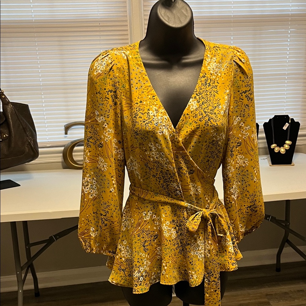LOFT Mustard Floral Wrap Blouse